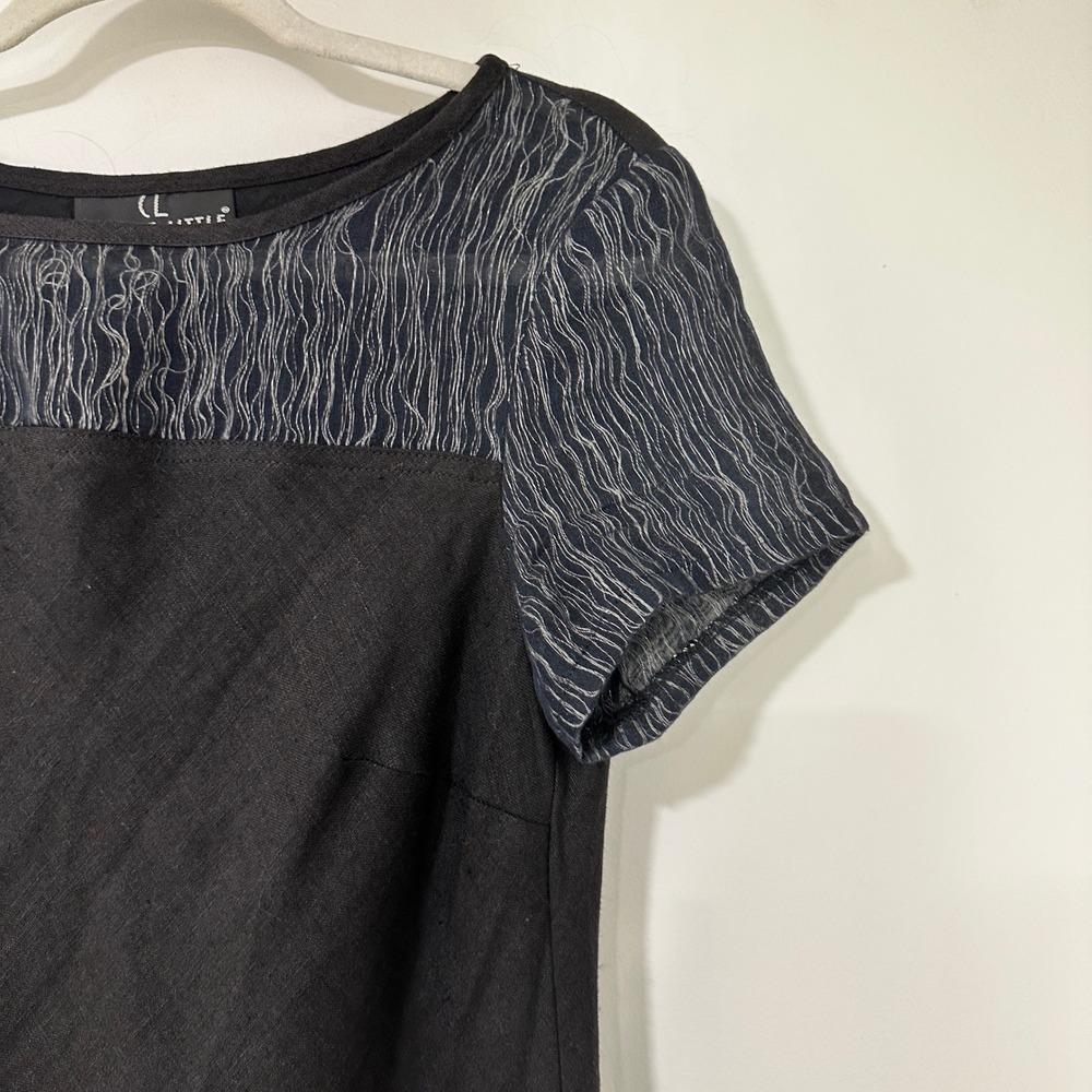 Carole Little Womens 8 Black Linen Mesh Yoke Shift Midi Dress Made USA